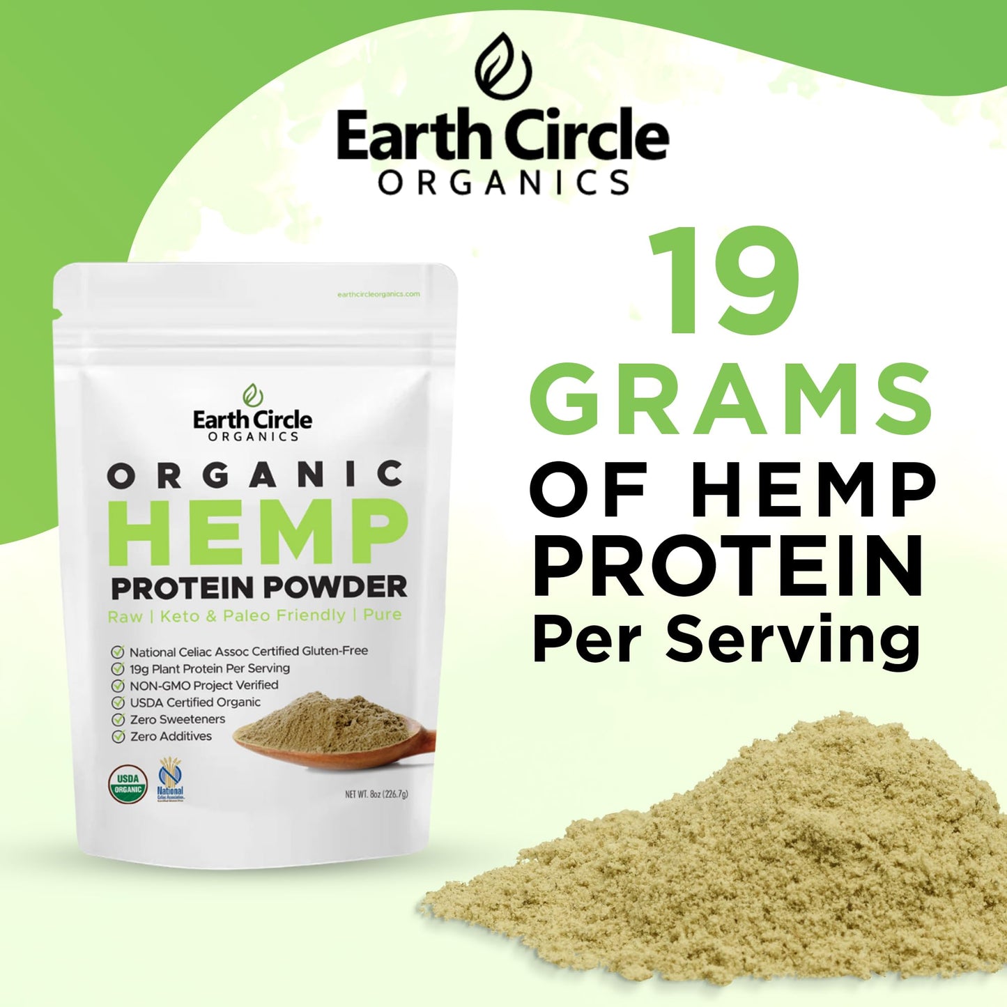 Earth Circle Organics Organic Hemp Protein Powder, Lab Tested 100% Gluten Free, Plant Based & Vegan Raw Protein Powder - Perfect for Keto, Meal Replacement Shakes, Pre & Post Workout (8oz, Pack of 2)