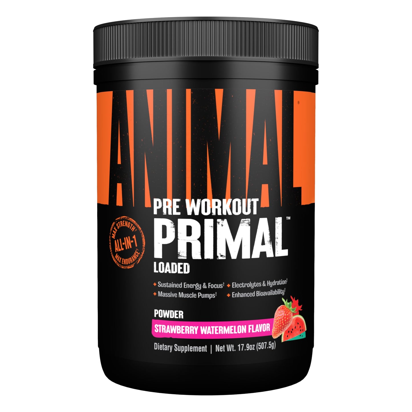 Animal Primal Muscle Hydration + Preworkout Powder - Contains Beta Alanine, 3DPump, Caffeine & Electrolytes - Improves Energy, Focus, Endurance & Absorption - Strawberry Watermelon Flavor, 17.9 oz