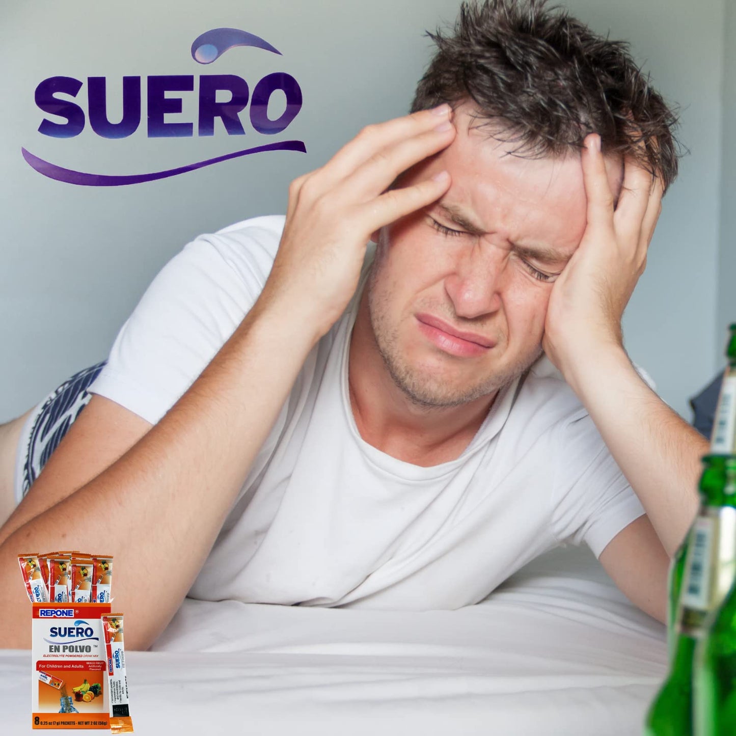 REPONE SUERO Electrolyte Powder Solution Fruit Flavor, 8 Oz Packets, 1 Box with 8 Packets.