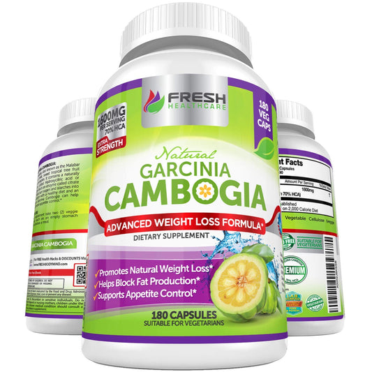 FRESH HEALTHCARE 100% Pure Garcinia Cambogia Extract - All Natural Appetite Suppressant & Weight Management Support - 180 Capsules