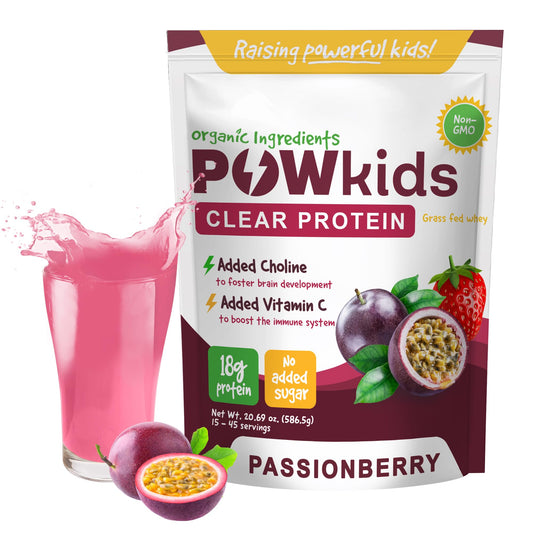 POWkids Passionberry Kids & Teens Protein Powder Shake | 18 gr Grass-Fed Whey, No Added Sugar, Organic Ingredients | Vitamin C & Choline for Immunity & Brain Development | 15-45 Servings
