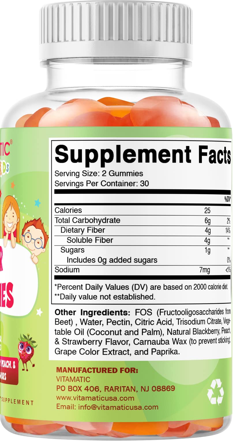 Vitamatic Kids Prebiotic Fiber Gummies - 4G Fiber Extra Strength - Zero Sugar Added - 60 Pectin Based Gummies - Digestive Health & Regularity Support