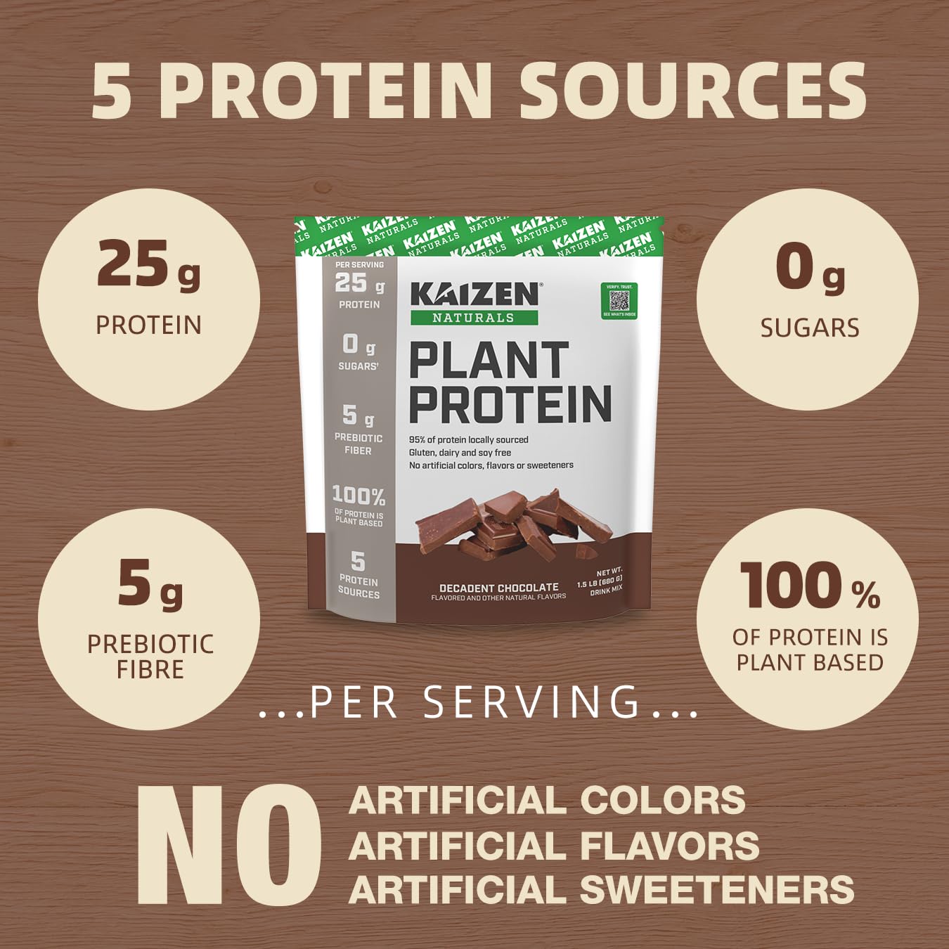Kaizen Naturals Plant Protein | Chocolate | 25g Protein |Clean | See The Test Results | 5 Proteins | No Artificial Ingredients | Dairy Free | Soy Free | Gluten Free | Non GMO | Vegan | 1.5lb