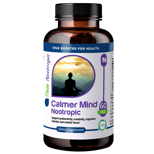 TrueMed Calmer Mind Nootropic Ashwagandha, GABA, L-Theanine, Magnesium & Melatonin - Supports Focus, Productivity, Creativity & Cognitive Function - Calmness & Mood Support - 60 Vegetable Capsules