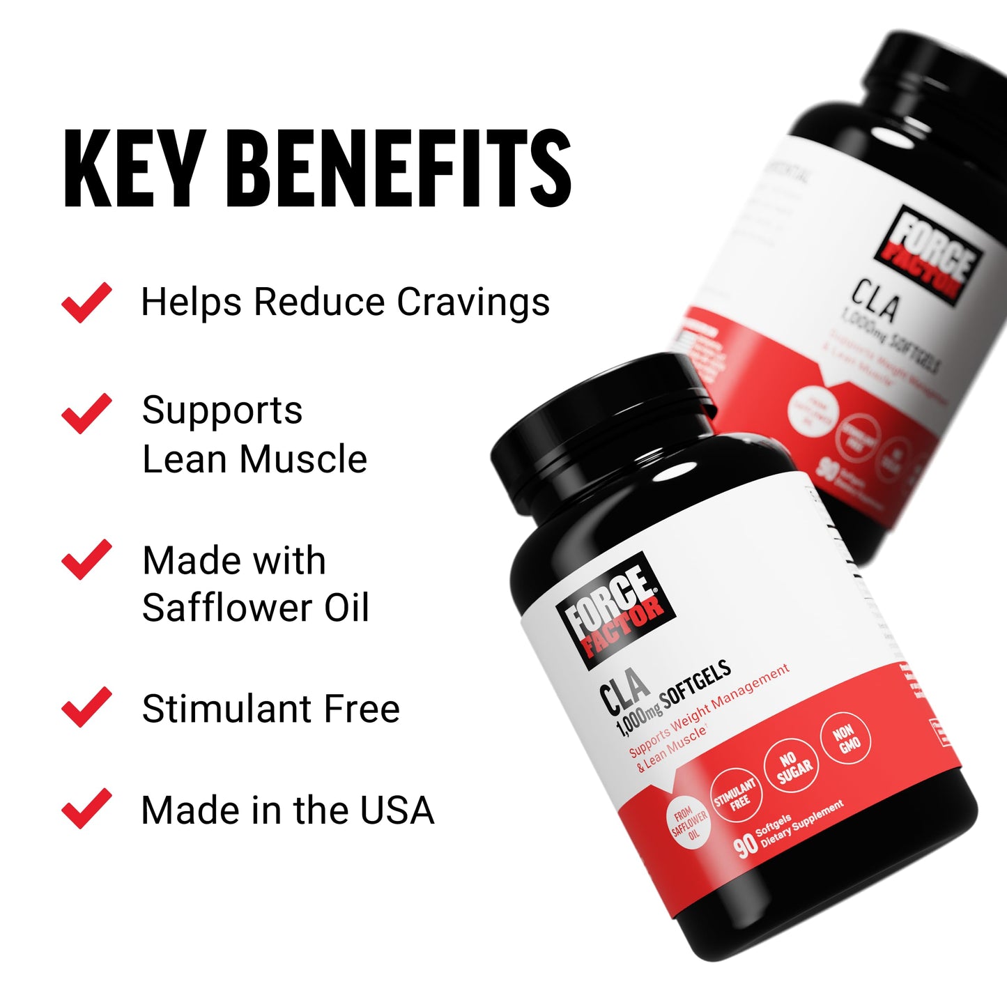 FORCE FACTOR CLA Supplements, CLA 1000 mg, Conjugated Linoleic Acid to Support Body Composition and Lean Muscle Mass, Made from Safflower Oil, Stimulant Free, Non-GMO, 90 Softgels