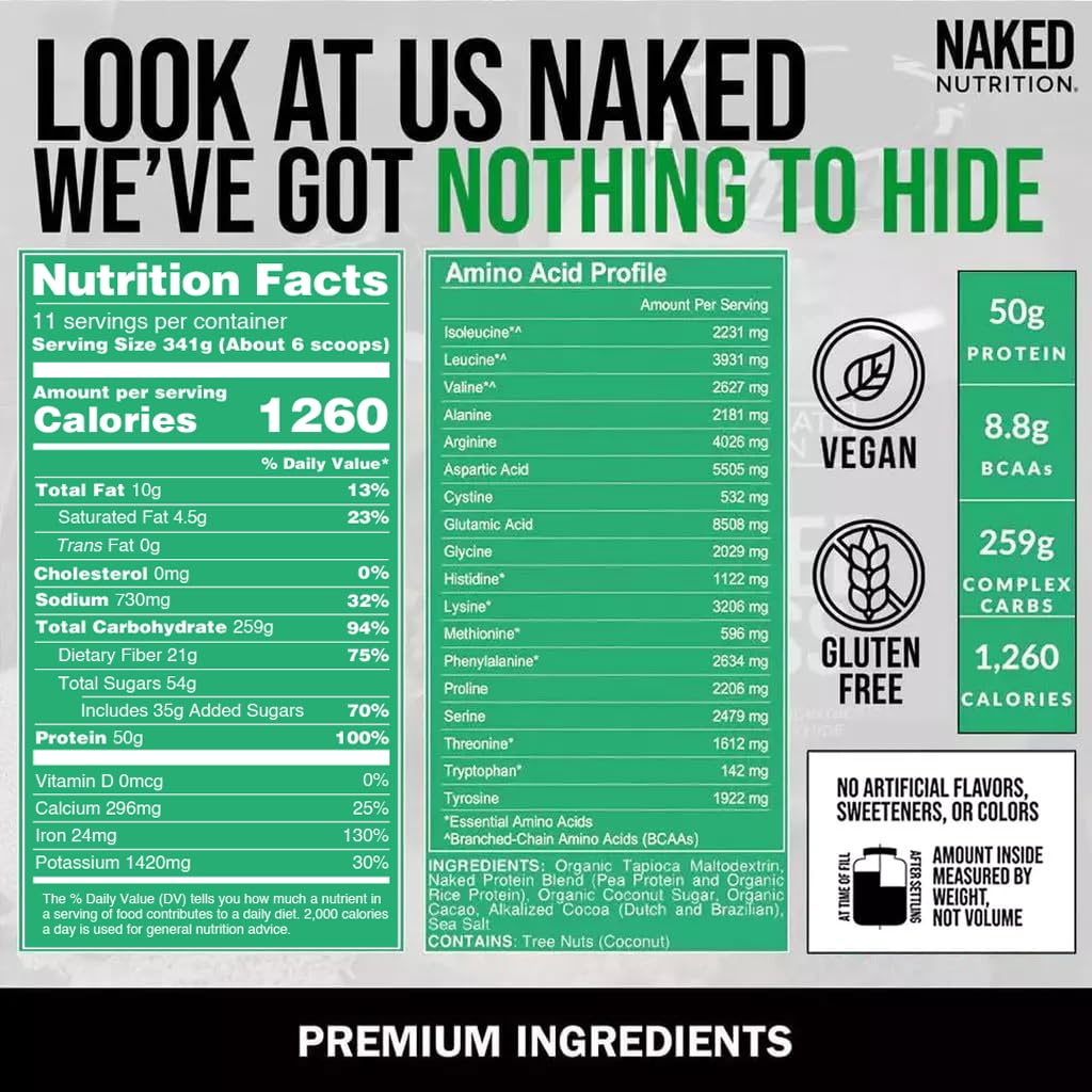 Naked Vegan Mass - Double Chocolate Weight Gainer - 1,260 Calories, 50G Protein, Nothing Artificial, All Natural Weight Gainer Protein Powder, GMO Free, Gluten Free & Soy Free - 8LB Bulk - 11 Servings