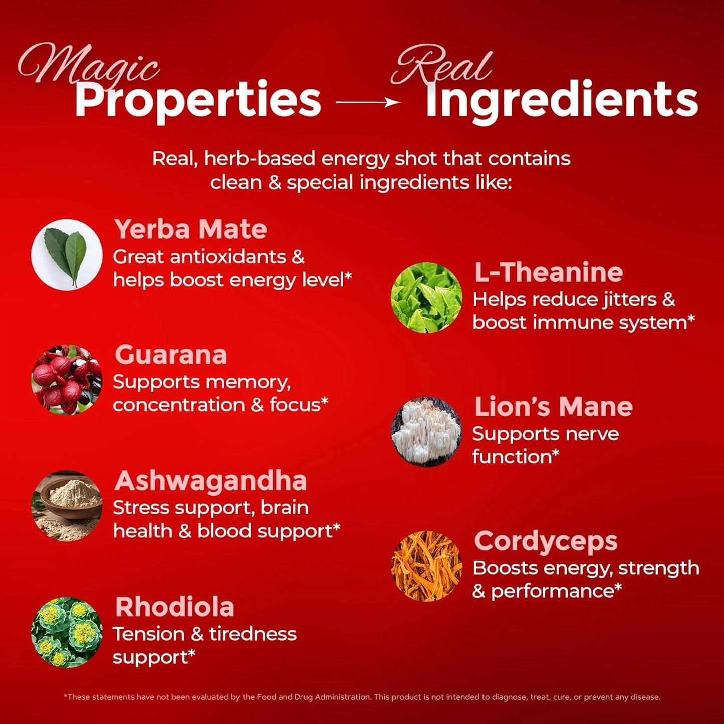 Wholesome Organics - Sugar Free Energy Shots Extra Strength Natural & Healthy Energy Drinks - Plant-Based Energy Supplements w/Vitamin B12 Lion's Mane & Yerba Mate - Cherry Pomegranate Flavor 48 Pack