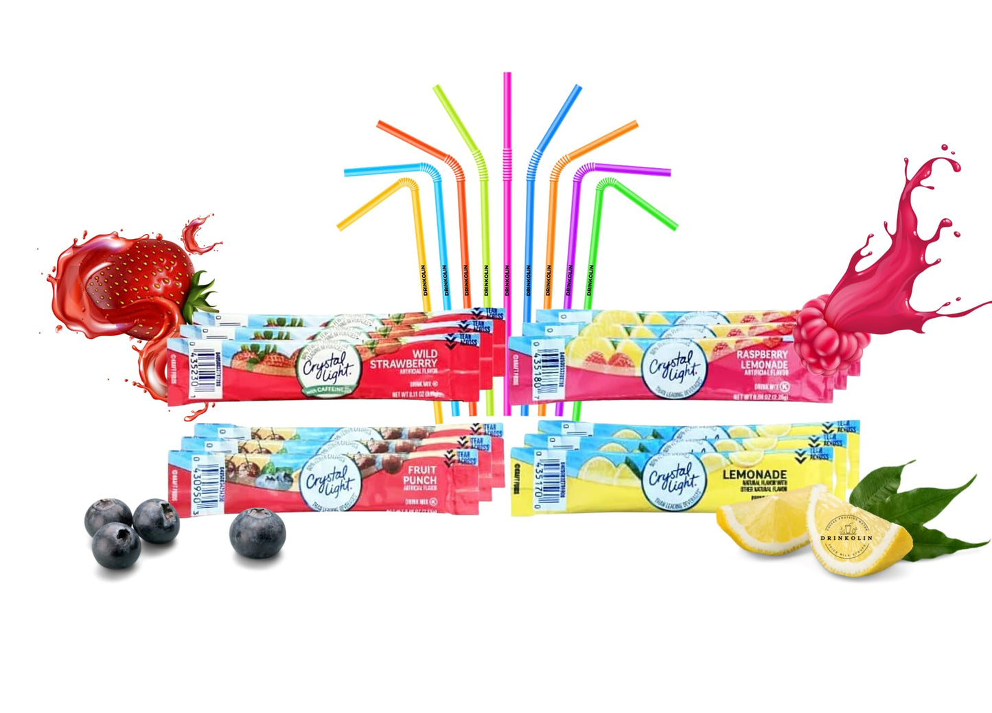 Crystal Light Packets Variety Pack 60 Flavored Drink Mix Packets Fruit Punch Raspberry Lemonade and Wild Strawberry Packets SugarFree Powdered Drink Mix with Drinkolin Straws  Fits 169 oz Bottles
