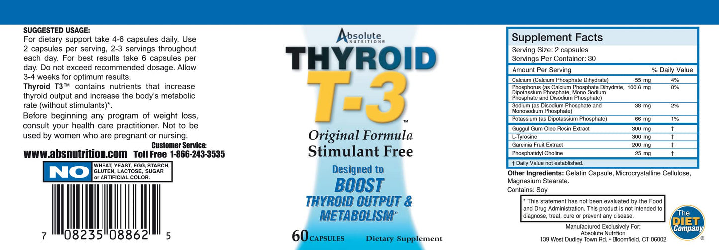 Absolute Nutrition Fat Burning Metabolism Boosting Supplement, Thyroid T-3, 60 Capsules (60 ct Pack of 2)