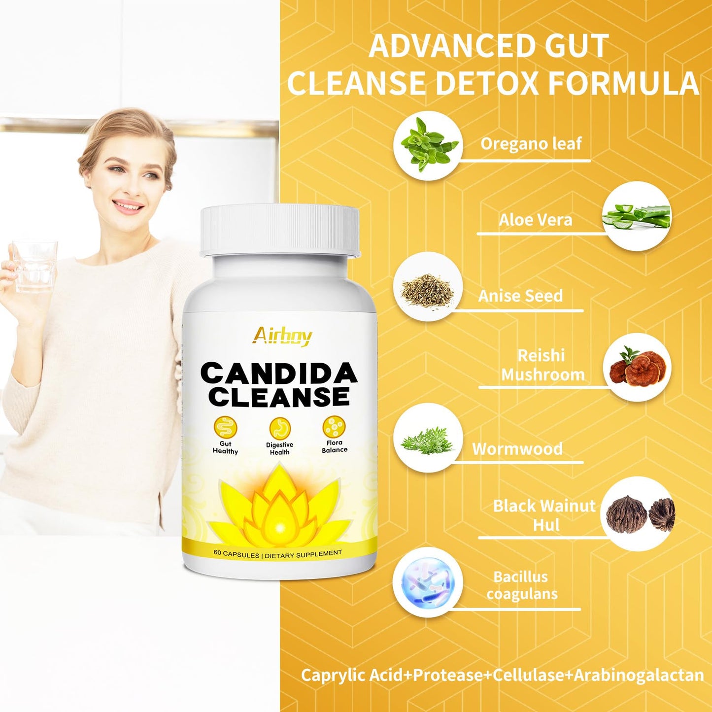 Airboy Candi Cleanse,Gut Colon Cleanse Detox for Women & Men,Candi Support with Oregano Leaf, Caprylic Acid，Wormwood, Black Walnut-60 Counts x 2 Pack