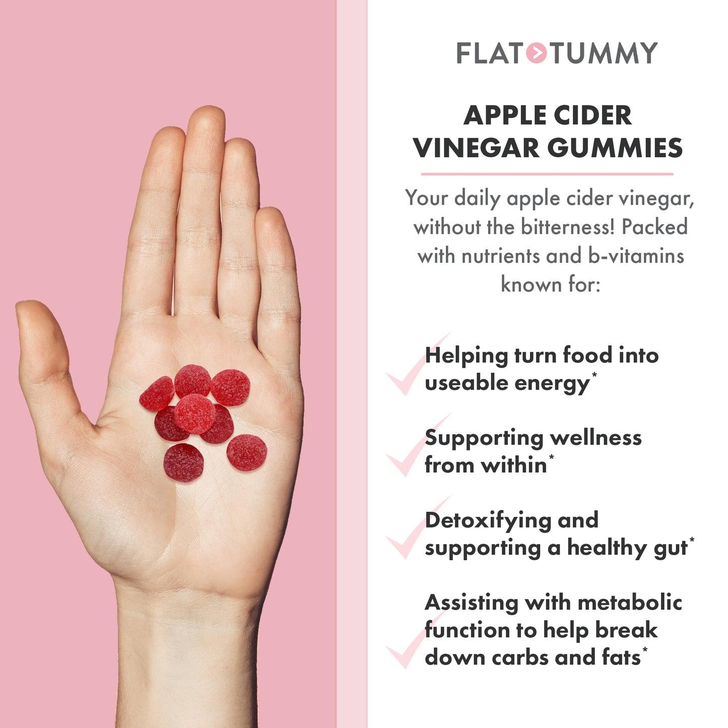 Flat Tummy Apple Cider Vinegar Gummies, 60 Count - ACV Gummies, Detox, Support Gut Health - Vegan-Friendly, Non-GMO - Beet and Pomegranate Superfood Powders, Vitamins B6, B9 & B12