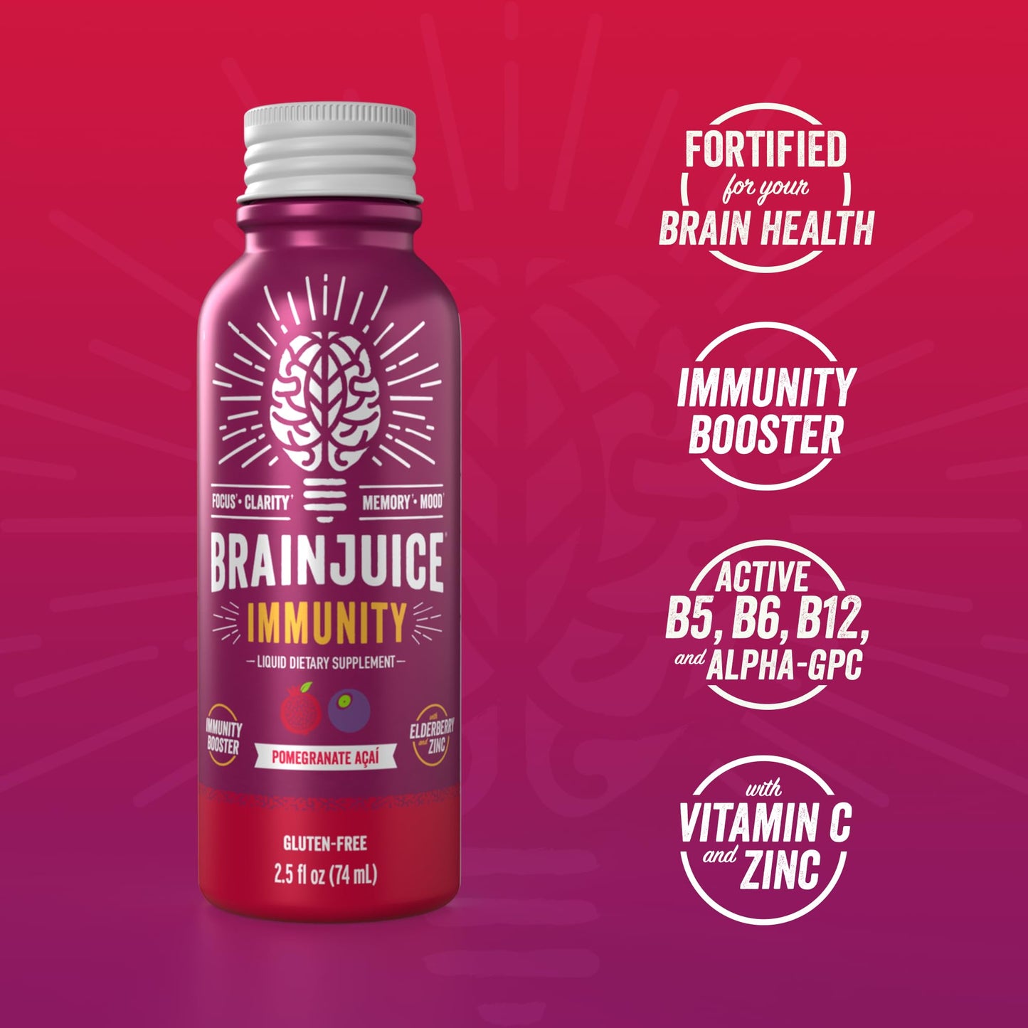 BrainJuice Brain and Immune Support Shot, Gluten Free Supplement Shots for Energy, Focus, Immunity with Vitamin D, C B, Alpha GPC & Organic Ginger Root, Pomegranate Acai, 2.5 fl oz, 12 Pack