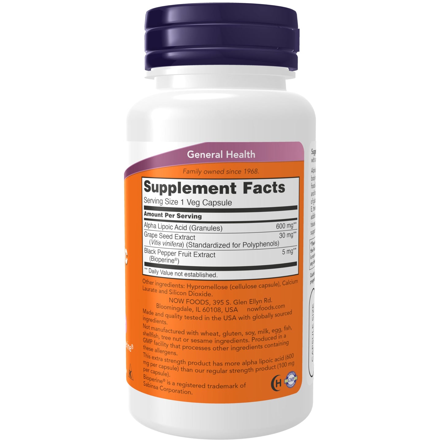 NOW Foods Supplements, Alpha Lipoic Acid 600 mg with Grape Seed Extract & Bioperine®, Extra Strength, 60 Count (Pack of 1)