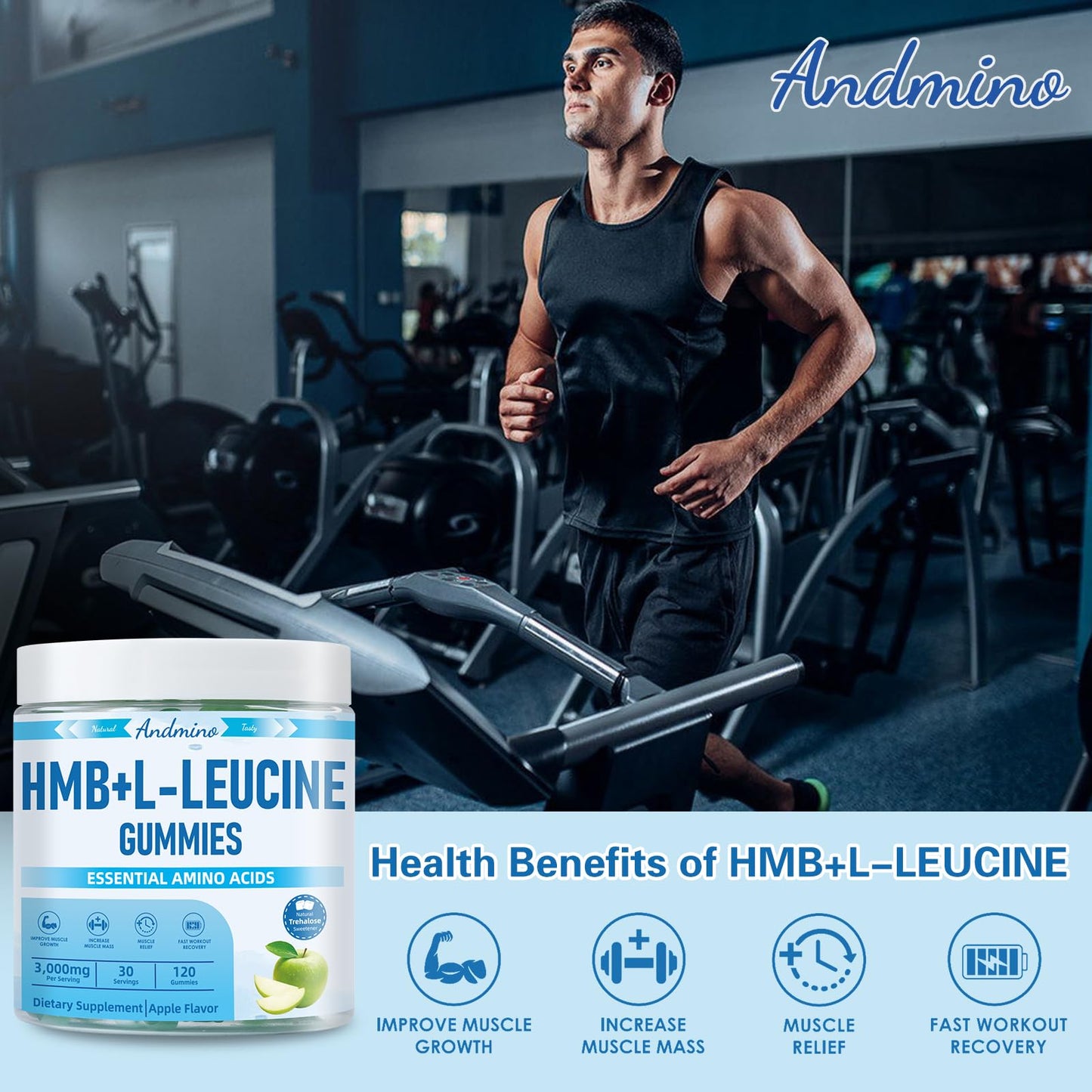 HMB and L-Leucine Gummies, 3000mg, with Trehalose, for Muscle Growth, Muscle Relief and Workout Recovery, for Adults & Elder, Non-GMO, Vegan, Gluten Free, Apple Flavor, 120