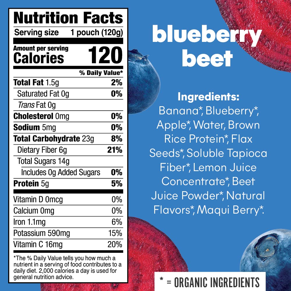 Noka Superfood Smoothie Pouches Blueberry Beet 4 Pack with Plant Protein Prebiotic Fiber  Flax Seed Organic Gluten Free Vegan Healthy Fruit Squeeze Snack Pack 422oz Each