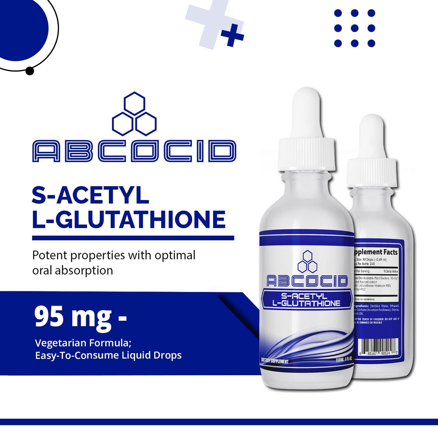 ABCOCID S-Acetyl L-Glutathione 95 mg, 4 Oz Liquid, 240 Servings, Made in USA, Quick Absorption, Quality Potent Ingredients, Non-GMO, GMP Certified, Cruelty-Free Products