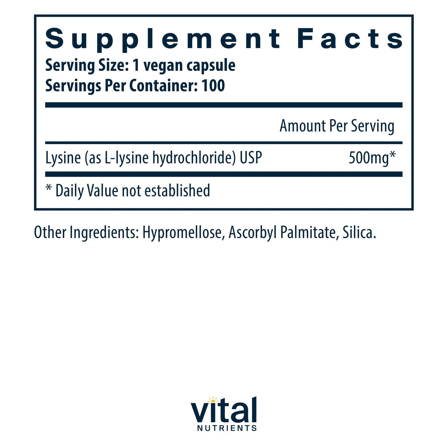 Vital Nutrients Lysine | Lysine Supplement Supports Healthy Lip and Oral Tissue | Immune Support Supplement Promotes Calcium Absorption | Gluten, Dairy, Soy Free | Non-GMO | 100 Capsules