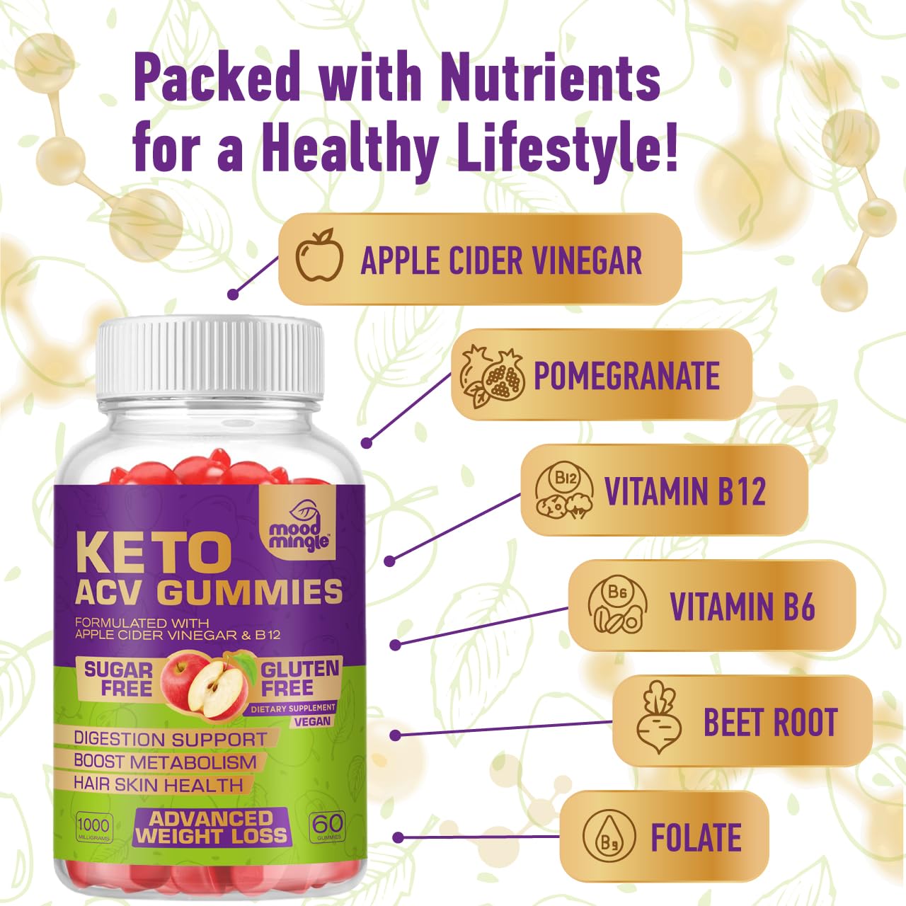Keto ACV Gummies Gluten & Sugar-Free Apple Cider Vinegar Gummies for Advanced Weight Loss - Rapid Fat Burner Diet Supplement for Women Men - 60 Gummies (1000MG)