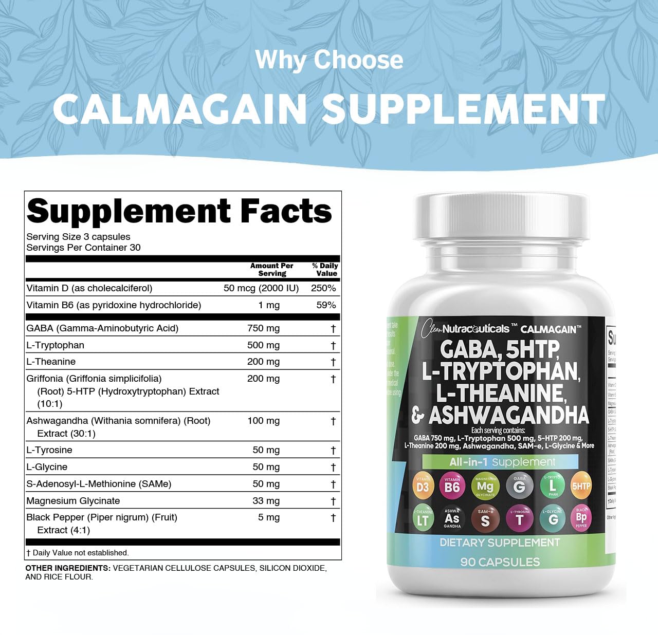 Clean Nutraceuticals GABA 750mg 5 HTP 200mg L Tryptophan 500mg L Theanine 200mg Ashwagandha SAM-e L-Glycine - Mood Support Vitamins for Women and Men with L-Tyrosine 5-HTP (5-Hydroxytryptophan)