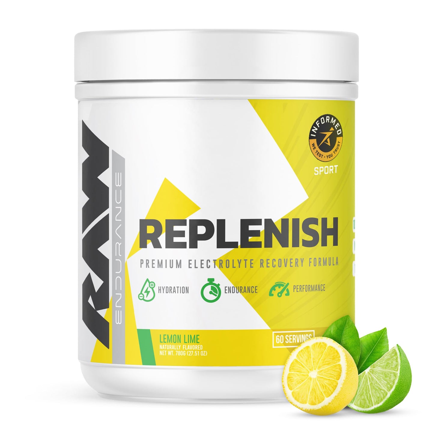 RAW Replenish, Premium Electrolytes Powder Recovery Formula - Flavored Electrolyte Drink Mix Supplement for Hydration, Replenishment, Endurance & Performance (60 Serving, Lemon Lime)