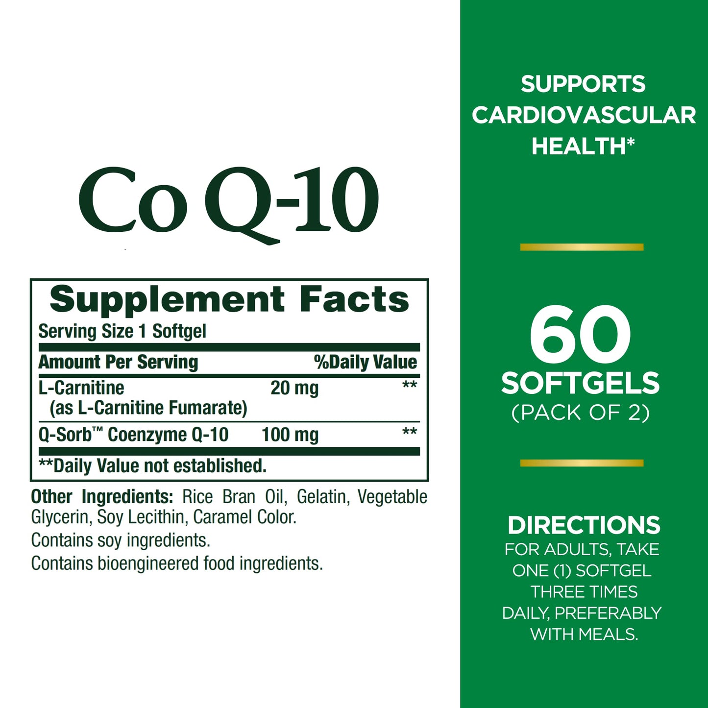 CoQ10 by Nature's Bounty, Dietary Supplement, Supports Heart Health, 100mg Plus L-Carnitine, Twin Pack, 120 Softgels