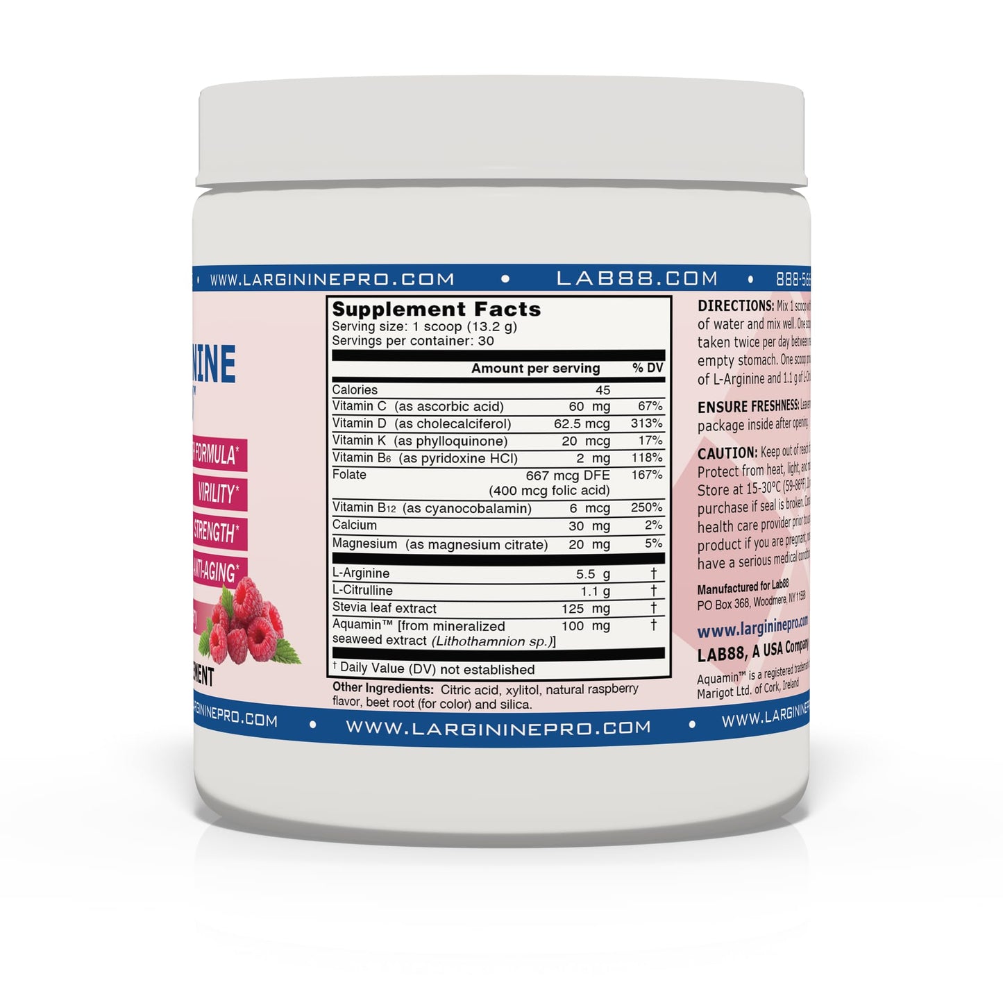 L-ARGININE PRO | L-arginine Supplement Drink Mix Powder | 5,500mg of L-arginine Plus 1,100mg L-Citrulline (Raspberry, 1 Jar)