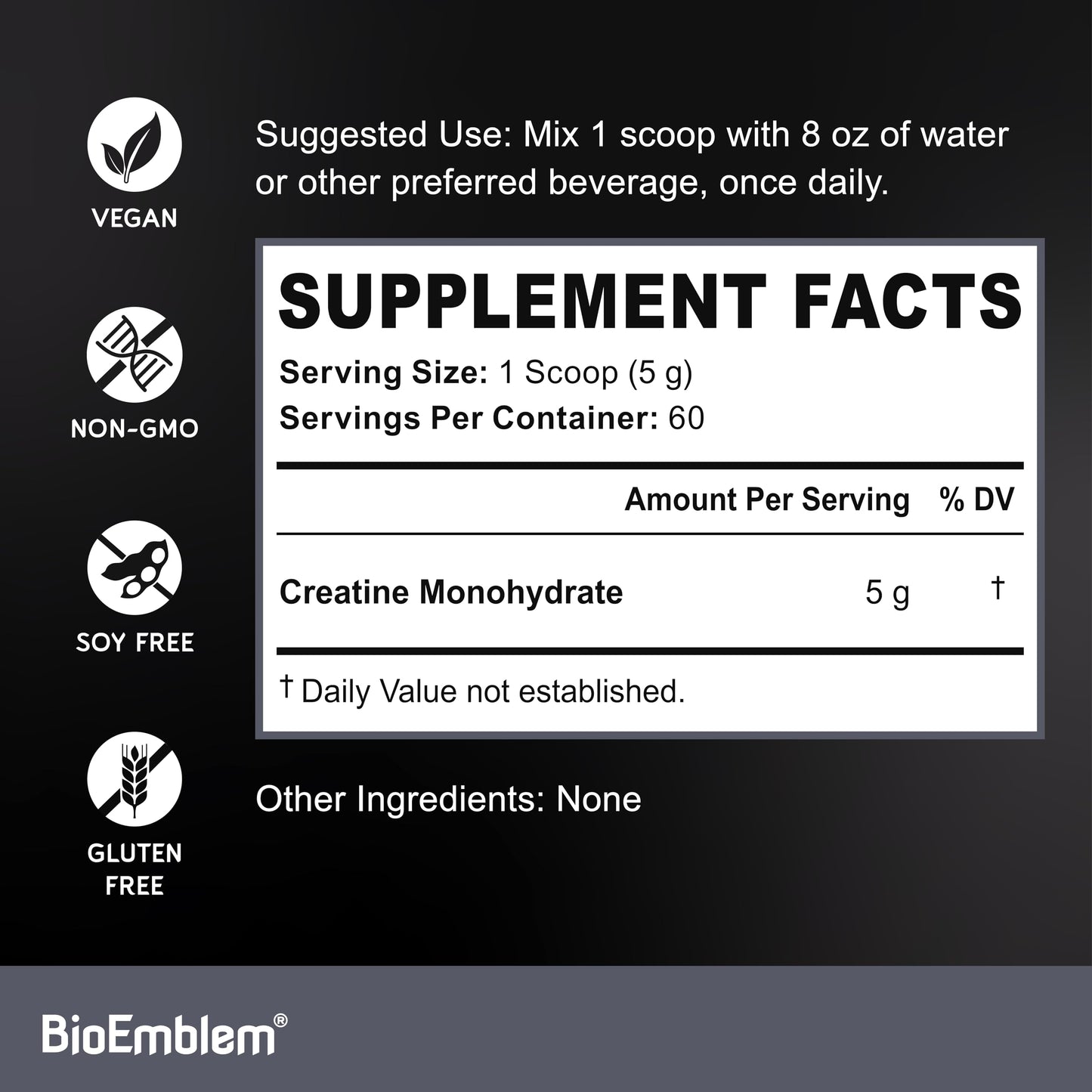 BioEmblem Creatine Monohydrate Powder - Micronized, Unflavored, 5000mg Per Serving(5g) - Supports Muscle Strength, Workout Recovery & Performance Creatine Supplement- Vegan, Non-GMO, 60 Servings