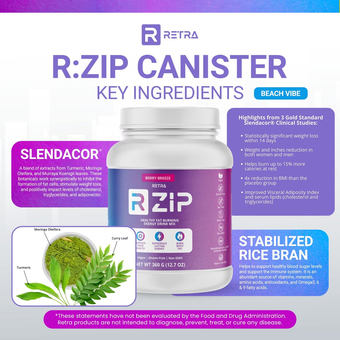 RETRA Zip Canister - Vegan and Gluten-Free Energy Drink Mix, Supports Immune System, Gut Health - Berry Breeze Flavor - 12.07 Ounce