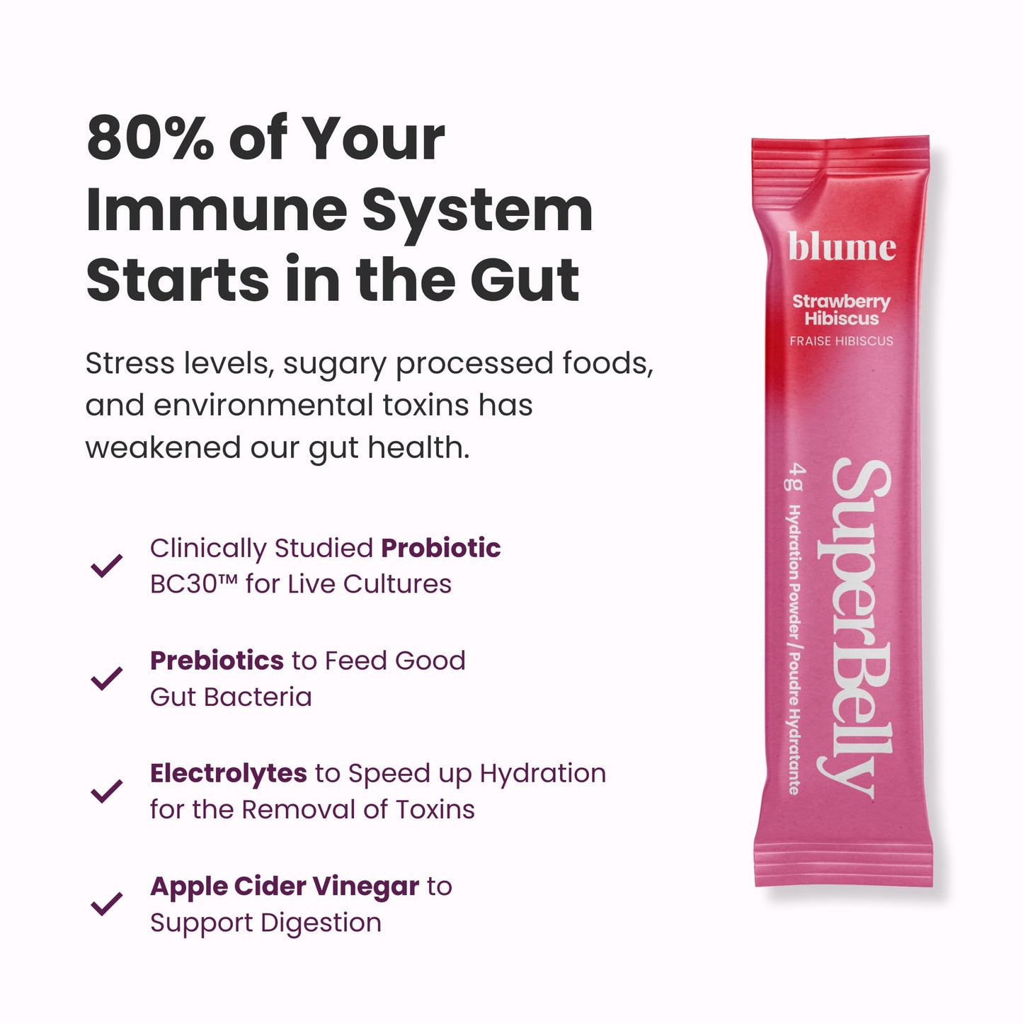Blume New SuperBelly Gut Health and On-The-Go Hydration Packets, Sugar-Free, with Prebiotics, Probiotics, Apple Cider Vinegar, Vitamin C, and Electrolytes, Strawberry Hibiscus, 15 Sticks