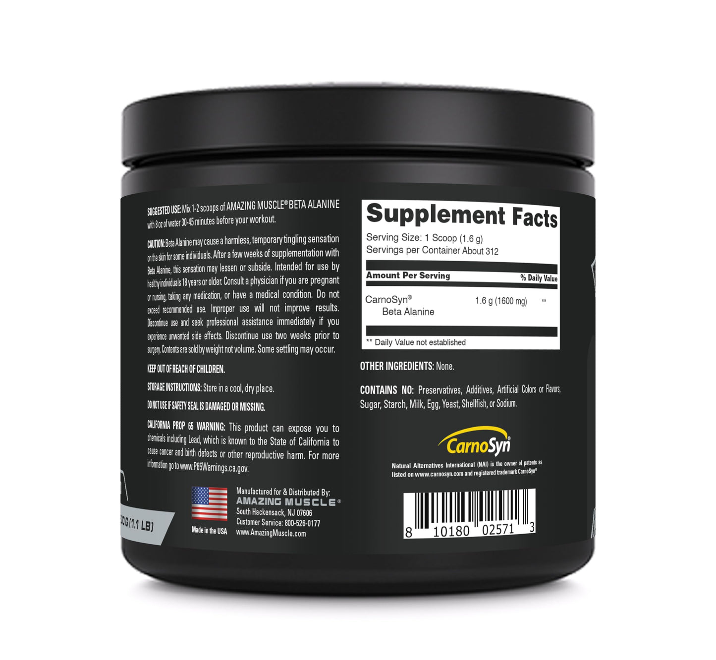 Amazing Muscle Beta-Alanine Powder Supplement | 1600 Mg | Unflavored | 500 G (1.1 LB) | 312 Servings | Non-GMO | Made in USA