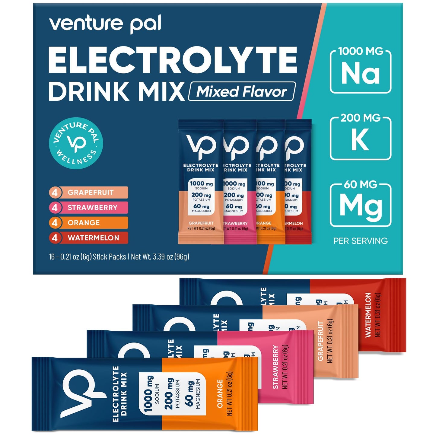 Venture Pal High Sodium Sugar Free Electrolytes Powder Packet - Hydration Packets with Sodium, Potassium & Magneisum | Zero Calories | Vegan | Keto & Paleo Friendly Electrolyte Drink Mix | 16 Stick