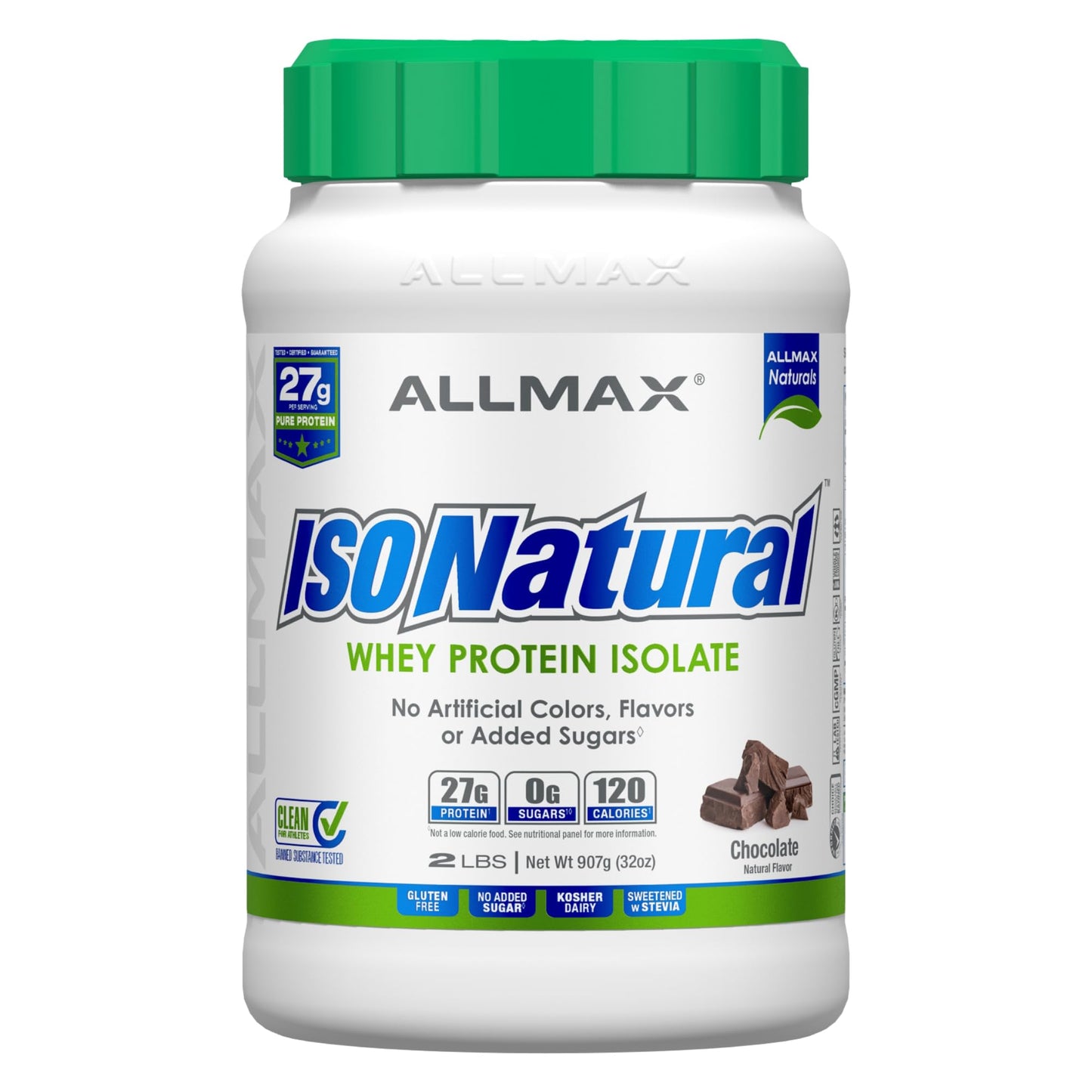 ALLMAX Nutrition ISONATURAL Whey Protein Isolate, Chocolate - 2 lb - 27 Grams of Protein Per Scoop - Zero Fat & Sugar - 99% Lactose Free - with Prebiotics - No Artificial Flavors - 29 Servings