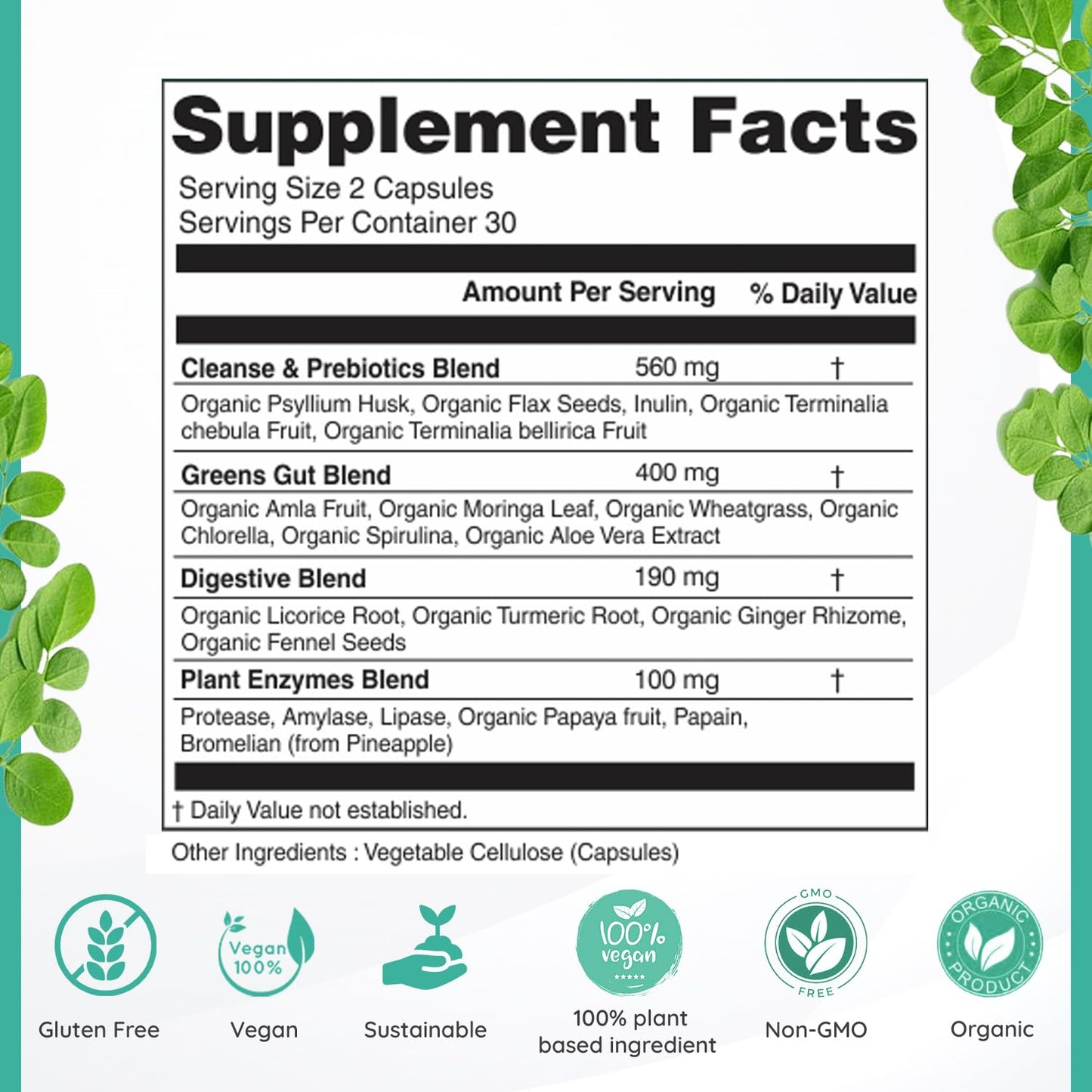 Super Greens Total Gut Health, Digestion & Colon Cleanse Supplement - All in One Organic superfoods, Turmeric, Papaya, Chlorophyll, Moringa, Psyllium Husk, Triphala, Digestive Enzymes - 60 Capsules