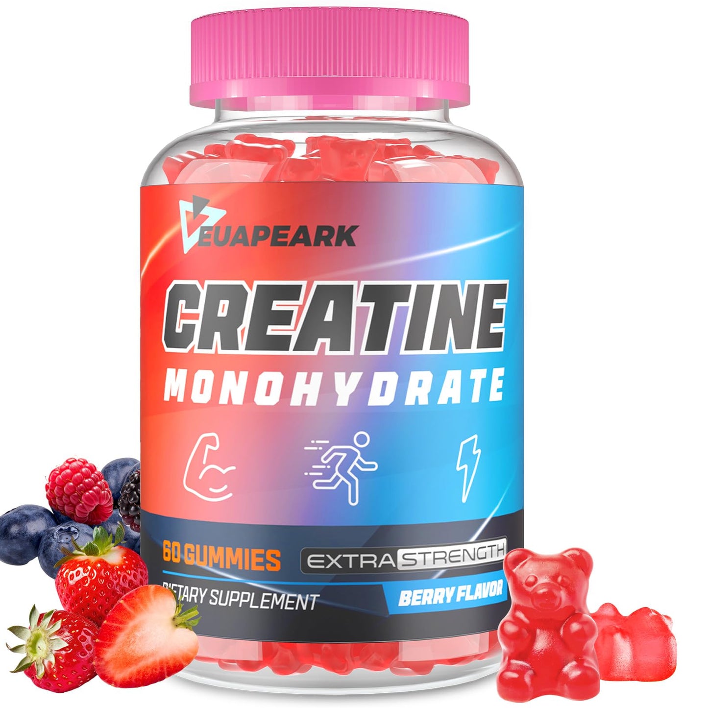 Creatine Monohydrate Gummies, Pre-Workout Chewables Supplement for Women and Men, Creatine Monohydrate with Taurine & B6 - for Muscle, Strength, Endurance & Energy, Vegan (Berry, 60 Gummies)