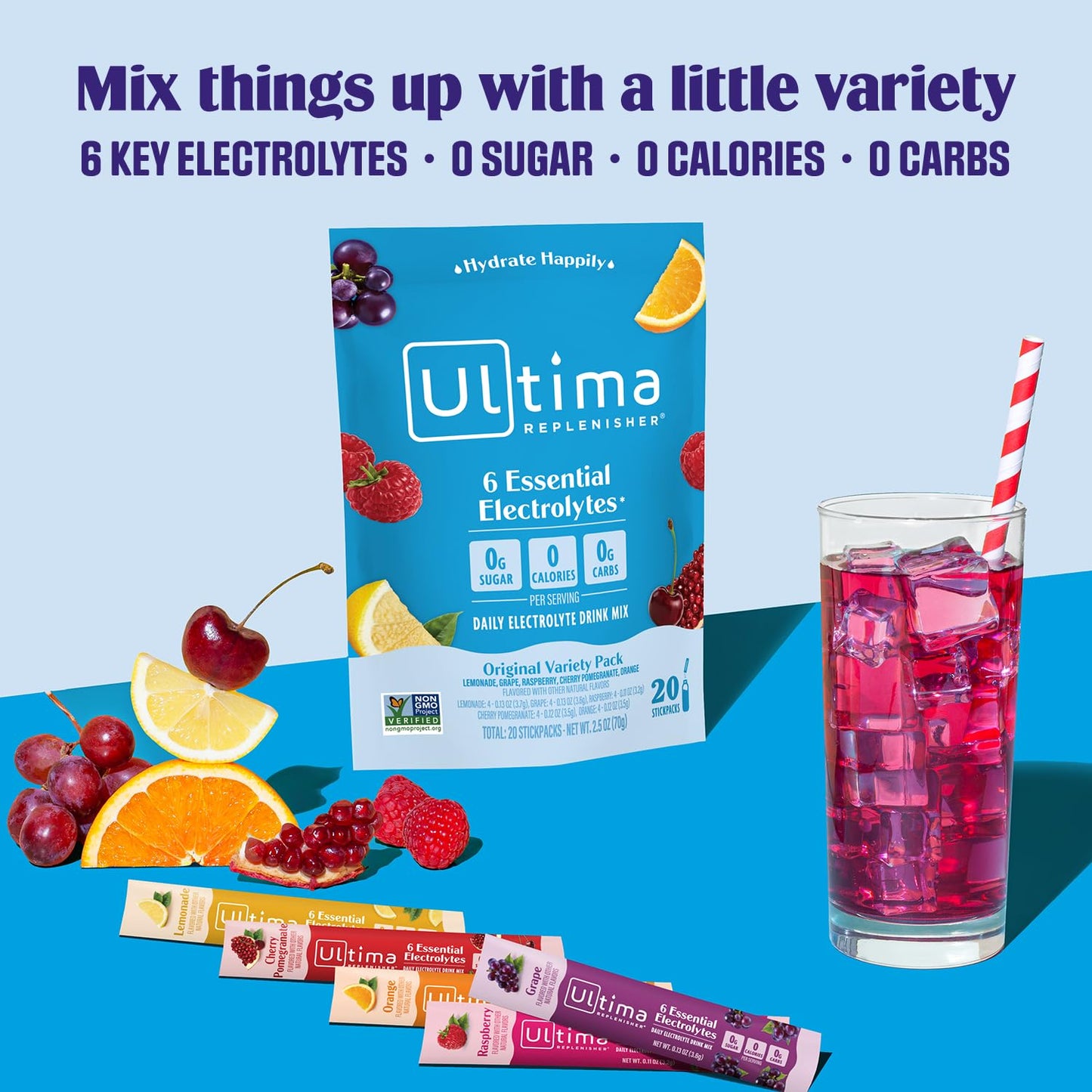 Ultima Replenisher Daily Electrolyte Powder Drink Mix - Original Variety, 20 Stickpacks - Hydration Packets with 6 Electrolytes and Minerals - Keto Friendly, Vegan, Non-GMO and Sugar-Free