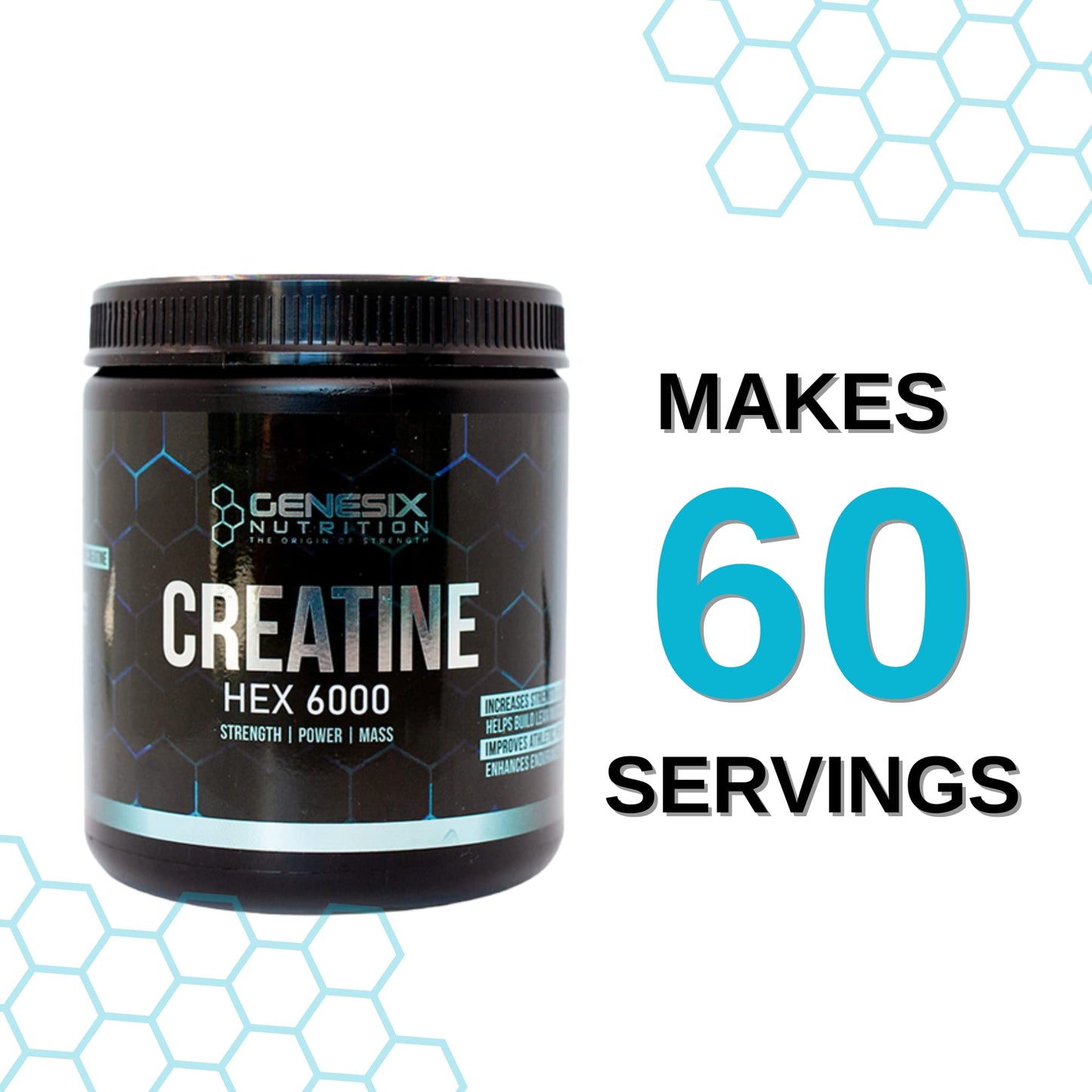 GENESIX NUTRITION HEX 6000 Creatine Monohydrate Workout Supplement | Improve Strength & Accelerate Muscle Gains | More Energy During High-Intensity Exercise | Heighten Brain Performance | 60 Servings