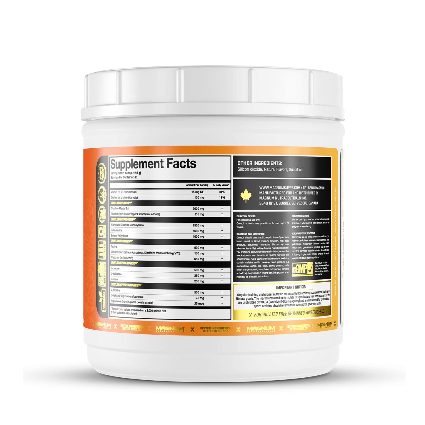 LIMITLESS Magnum 504g - Muscle Workout Powder, Sport Pre Workout for Men and Women, May Assist & Support Increase Energy, Focus, and Endurance - Peach Mango Rush