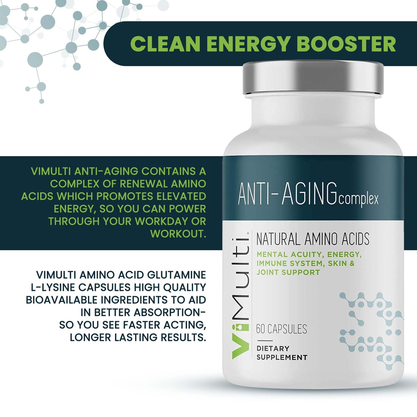 vimulti Anti-Aging Natural Amino Acid Supplement for Longevity- Supports Immune Health, Energy, Mental Focus, Smoother Skin Tone & Restorative Sleep. 60 ct (2 Pack)