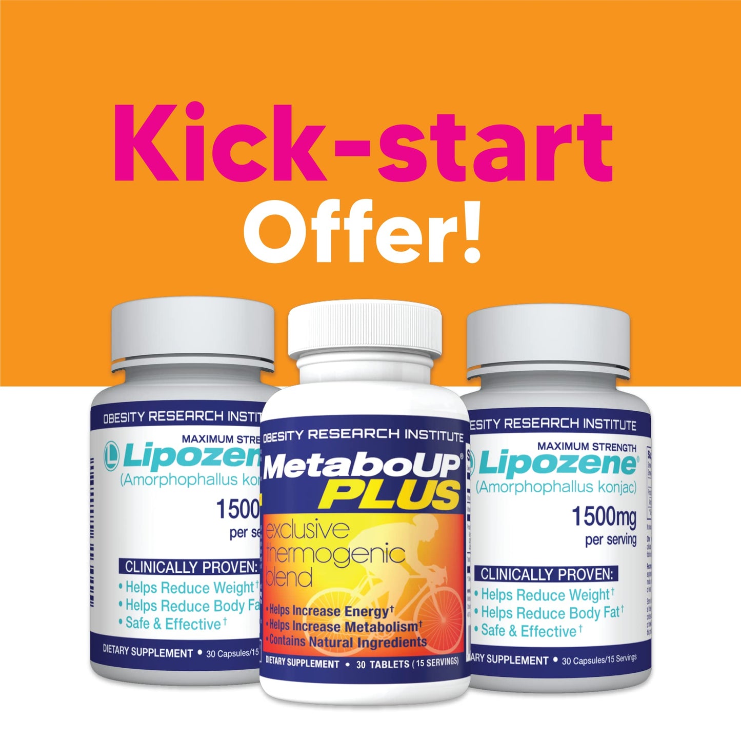 Lipozene Weight Loss Pills 2 Bottles with 30 Capsules Each Along with a 30 Count Bottle MetaboUp Plus
