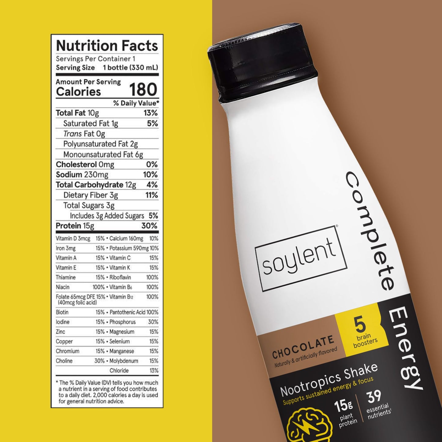 Soylent Complete Energy GlutenFree Vegan Protein Nootropics Shake Chocolate 11 Oz Pack of 12