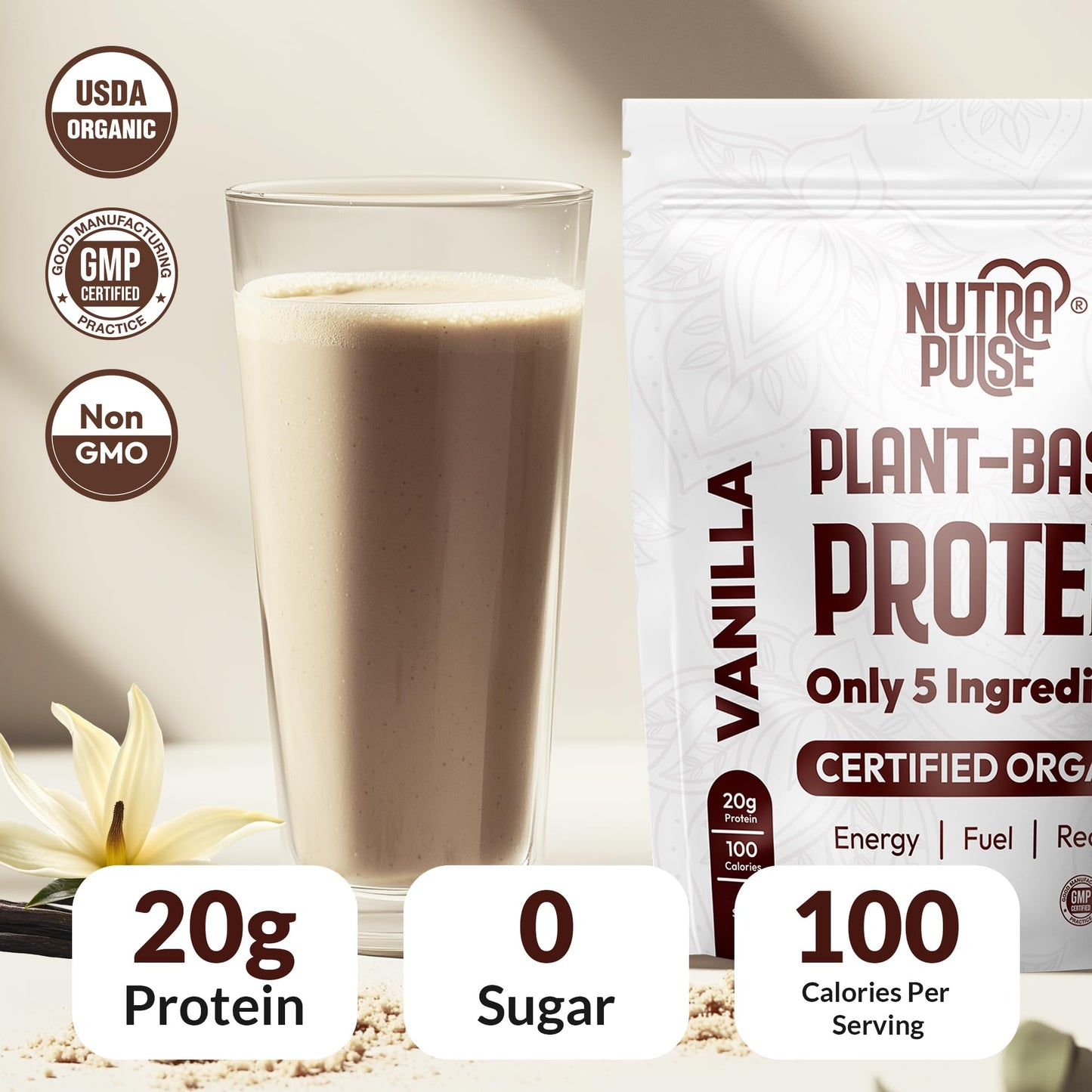 NUTRAPULSE Organic Vegan Protein Powder - Vanilla Flavor, Plant-Based, Gluten-Free, Non-GMO, 20g Protein Per Serving, Ideal for Smoothies, Shakes, Baking, Cooking (1 Pack, 20 Servings)
