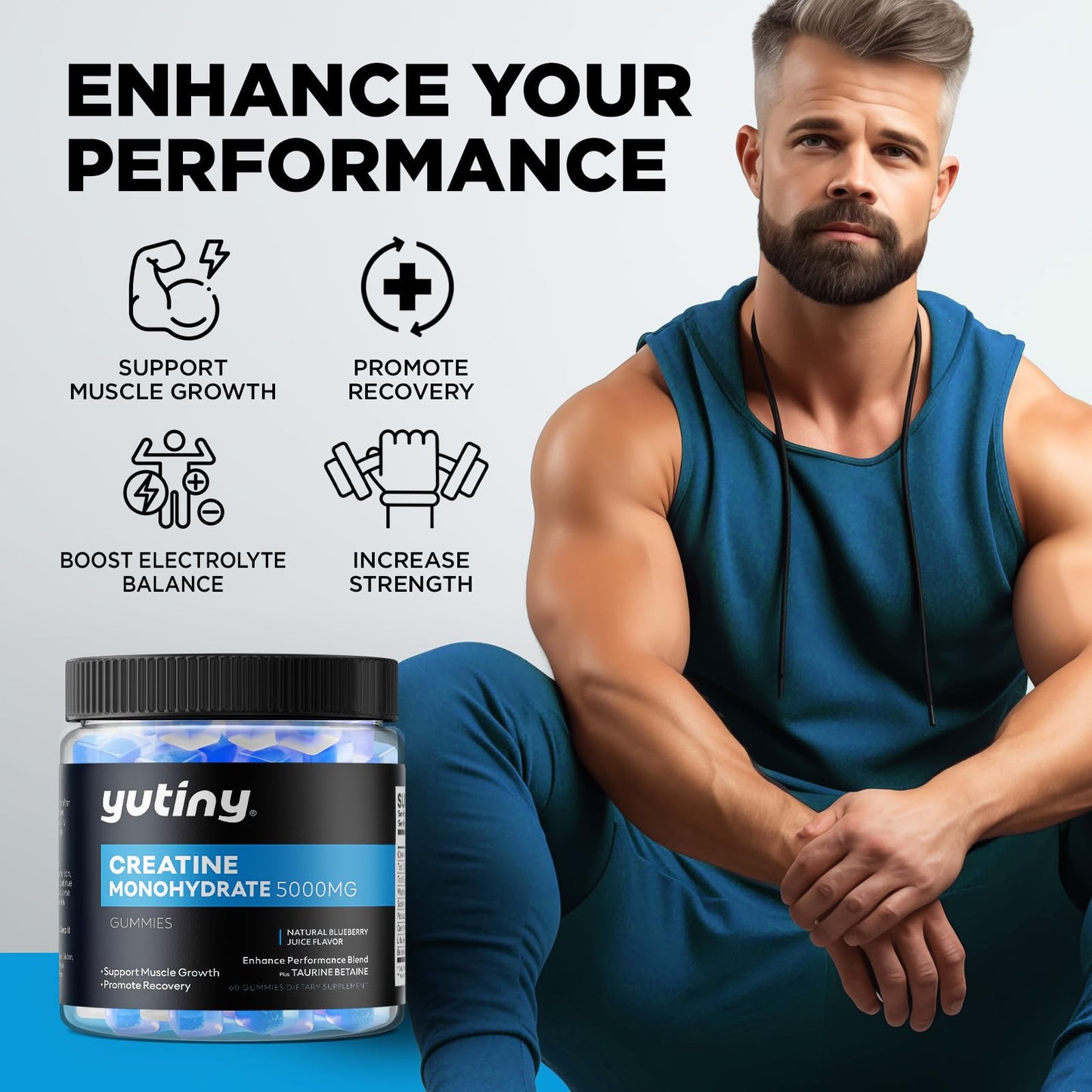 Yutiny Creatine Monohydrate Filled Gummies, Creatine Monohydrate Chews for Men & Women, Extra Strength for Muscle Growth, Blueberry Flavor, 60 Chewables, 1 Month Supply