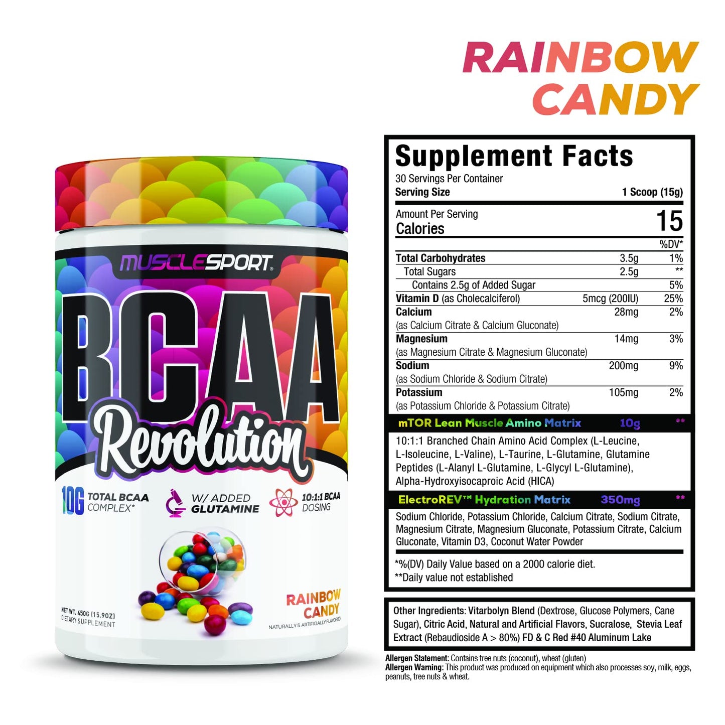MuscleSport BCAA Revolution Amino Acid Powder Supplement for Men & Women - Intra Workout Training Complex - Recovery Supplement (Rainbow Candy, 30 Servings)