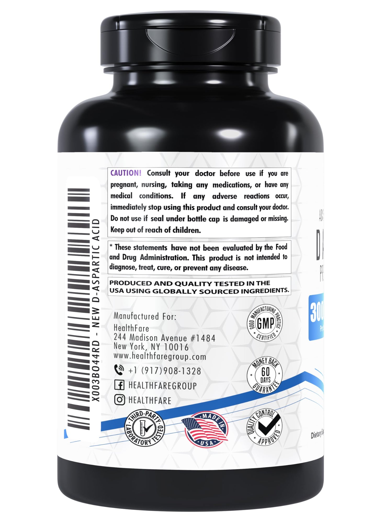 Healthfare D-Aspartic Acid 3000mg | 200 Veg Capsules | Premium Amino Acid Supplement | Non-GMO | Gluten-Free