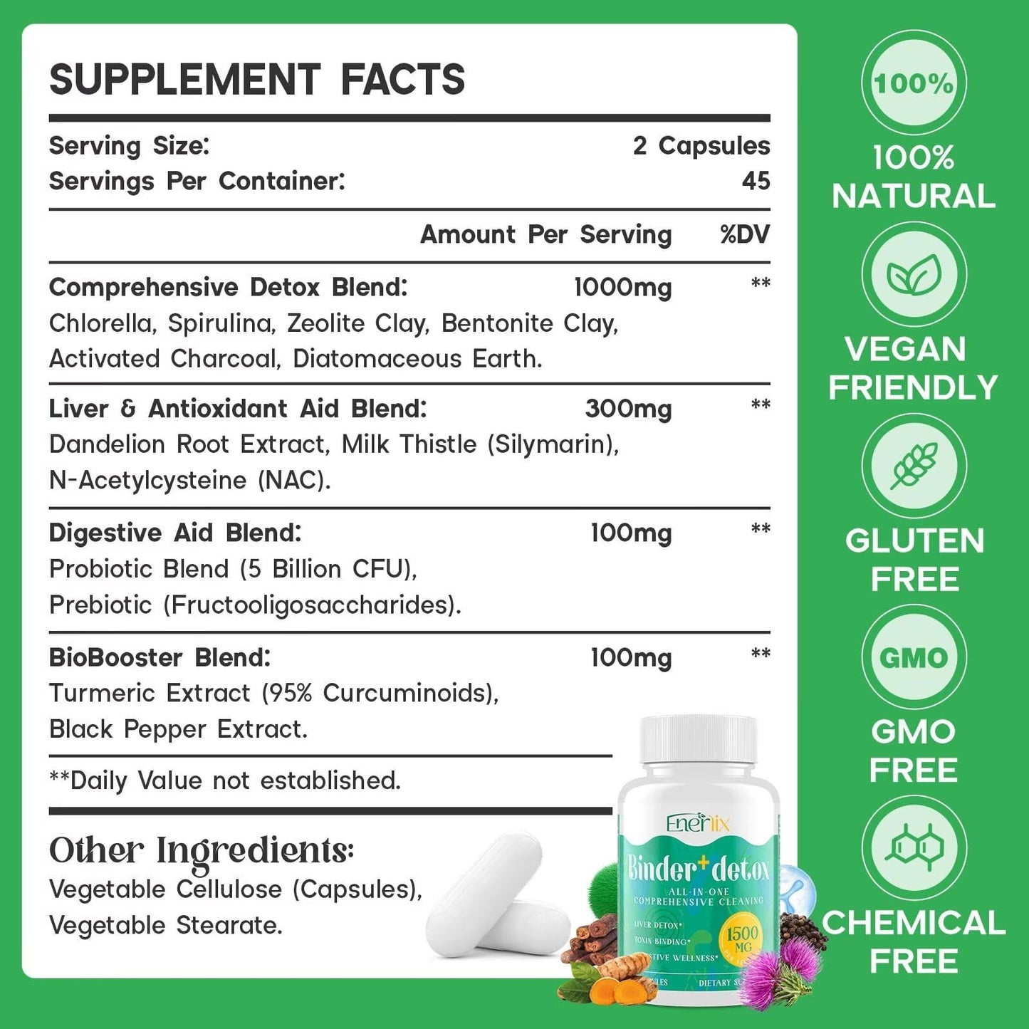 Enerlix 15-in-1 Detox Binder, Activated Charcoal, Zeolite & Bentonite Clay, Chlorella, 1500 MG Supplement Maximum Absorbent, Liver Gut Digestive Toxin Detox Cleanse, 90 Vegan Capsules