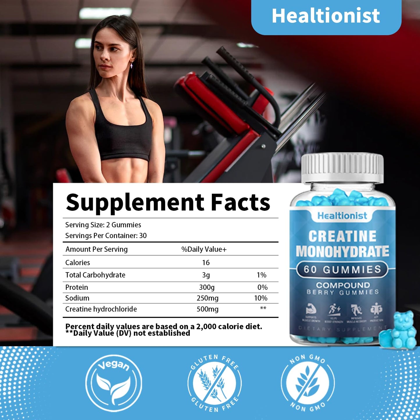 Healtionist 1 Pack Creatine Monohydrate Gummies for Men & Women, Chewable Creatine Monohydrate for Muscle Strength & Growth, Muscle Builder, Energy Boost, Pre-Workout Supplementm, Vegan, 60 Counts