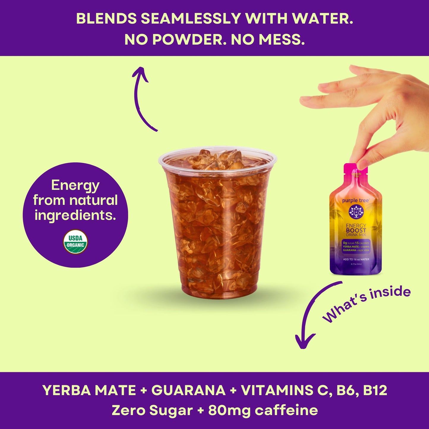 purple tree Organic Energy Stick Packets, Zero Sugar, B12 Vitamins, Lemon Ice Tea Flavor | 80mg Caffeine from Yerba Mate & Guarana to Prevent Crashing, 12 to-Go Packs