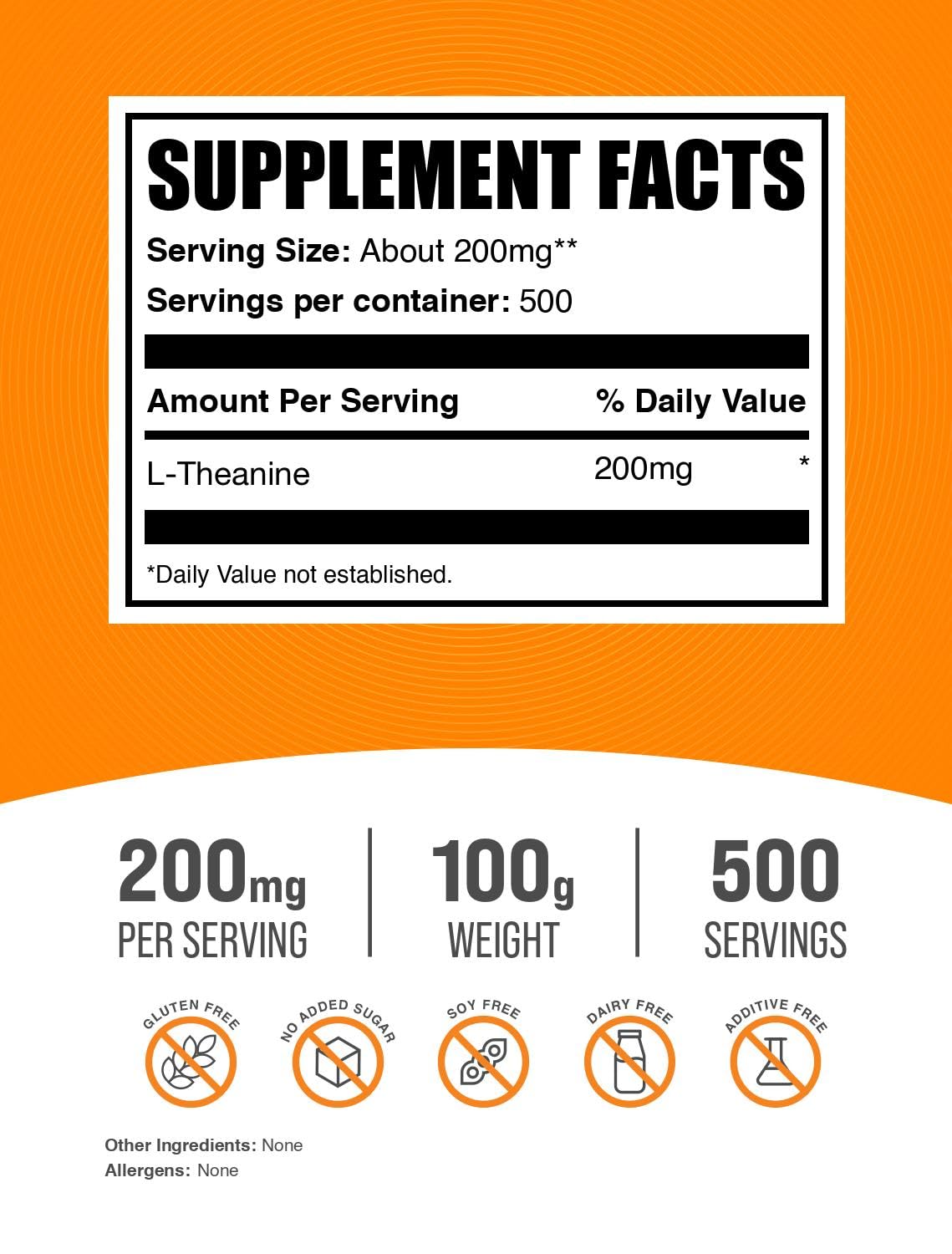 BulkSupplements.com L-Theanine Powder - L-Theanine Supplement, L-Theanine 200mg - Amino Amino Supplement, Pure & Gluten Free, 200mg per Serving, 100g (3.5 oz) (Pack of 1)