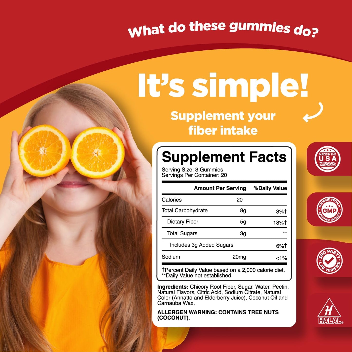 High Prebiotic Fiber Gummies for Kids - Dietary Fiber Supplements for Digestion & Constipation - Chicory Root Kids Immune Gummies - Non-GMO & Vegan Digestive Nutritional Supplements - 60 Count