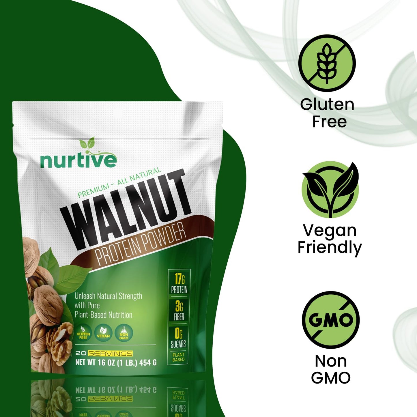 NURTIVE Walnut Protein Powder - Rich in Omega-3 & Plant-Based Protein - Antioxidant Boost - Ideal for Smoothies & Baking - Gluten Free, Vegan, Non GMO - 20 Servings (16 oz / 454 g)